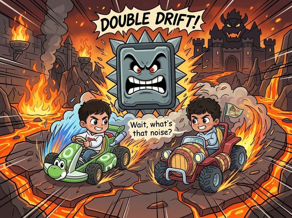 Storybook spread of two brothers drifting karts around a Thwomp obstacle